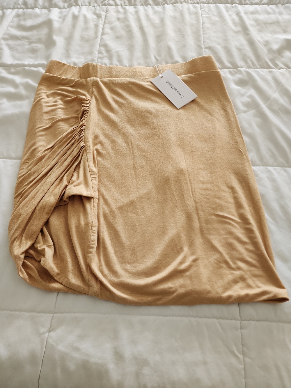 Lovers + Friends Tan Ruched Side Midi Skirt
